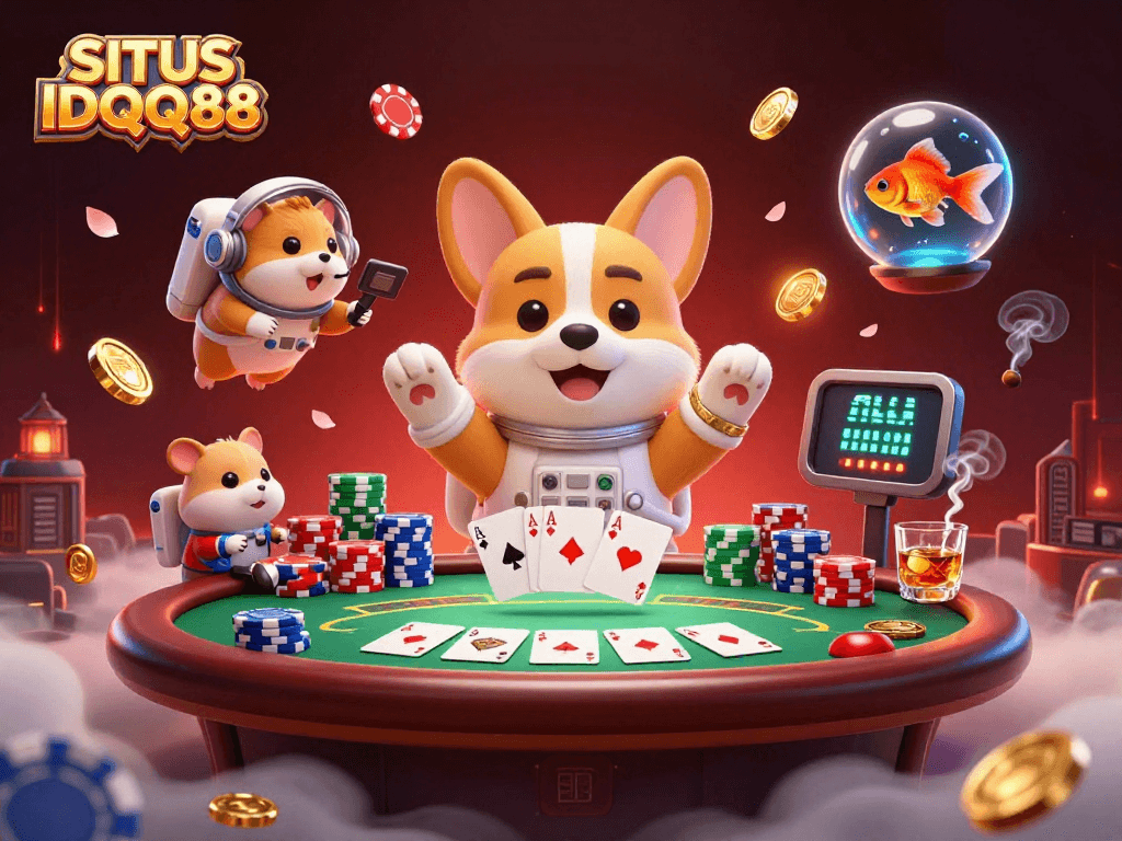 Engage with online action at SITUS IDQQ88, featuring a vibrant casino scene with a fun astronaut corgi.