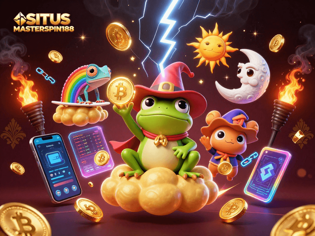 Engage with SITUS MASTERSPIN188 as the wizard frog conjures golden coins in an enchanting 3D scene.