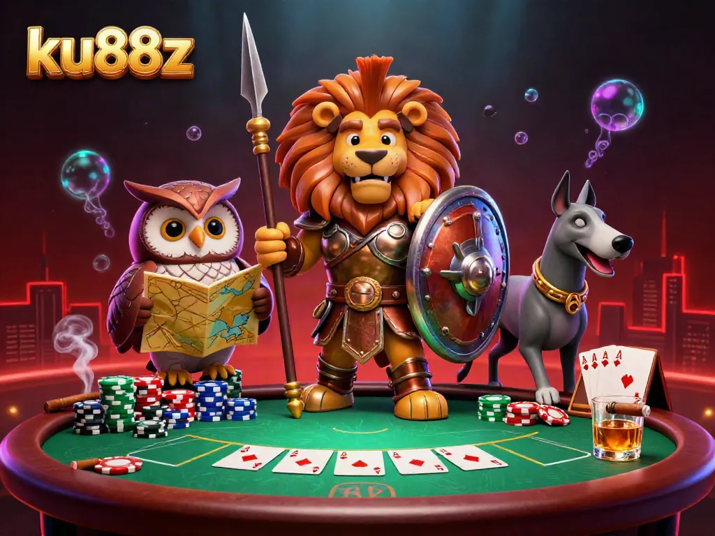 Experience thrilling gameplay at ku88z with a dynamic scene featuring poker elements and 3D characters.