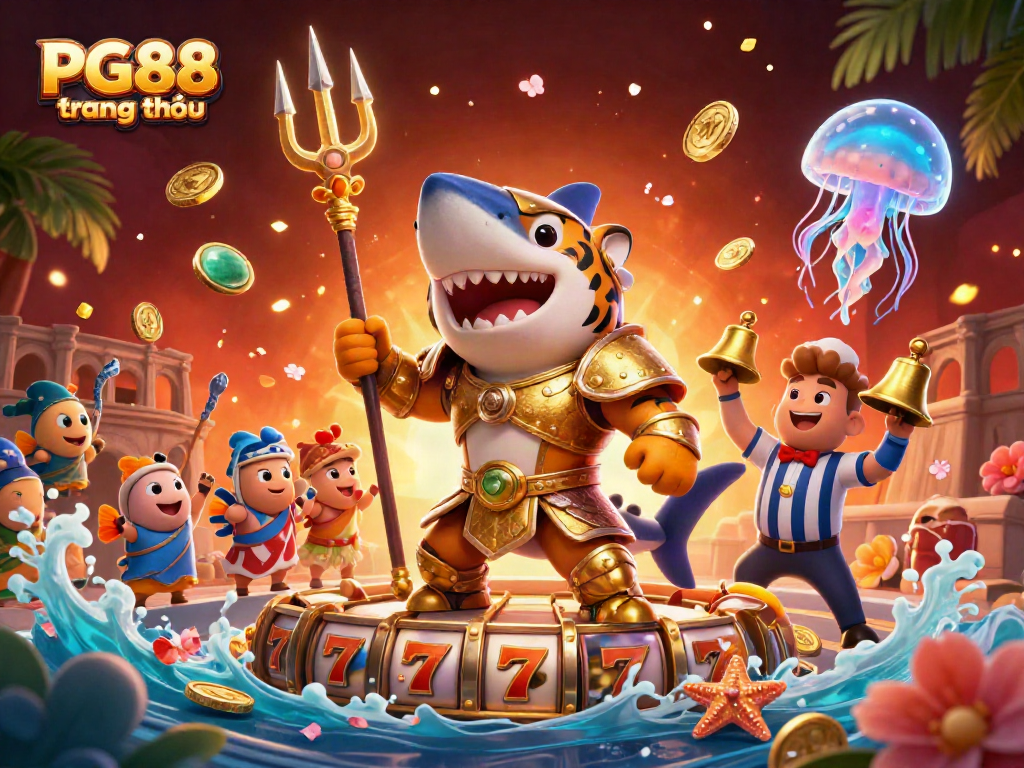 Engage with PG88 trang chủ by exploring a vibrant underwater casino theme featuring a shark and dynamic game elements.