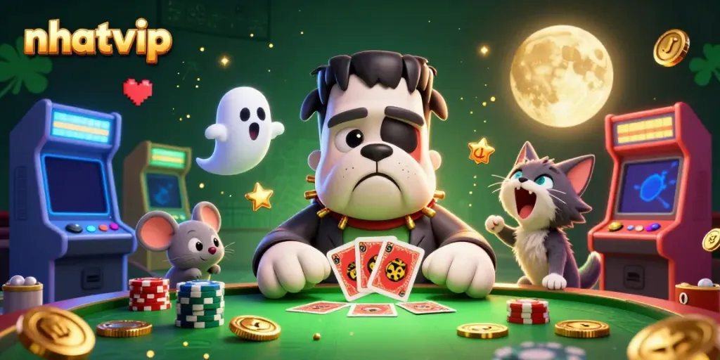 Experience thrilling card dealing action at Nhatvip with a lively 3D scene featuring a Frankenstein bulldog and a werewolf kitten.