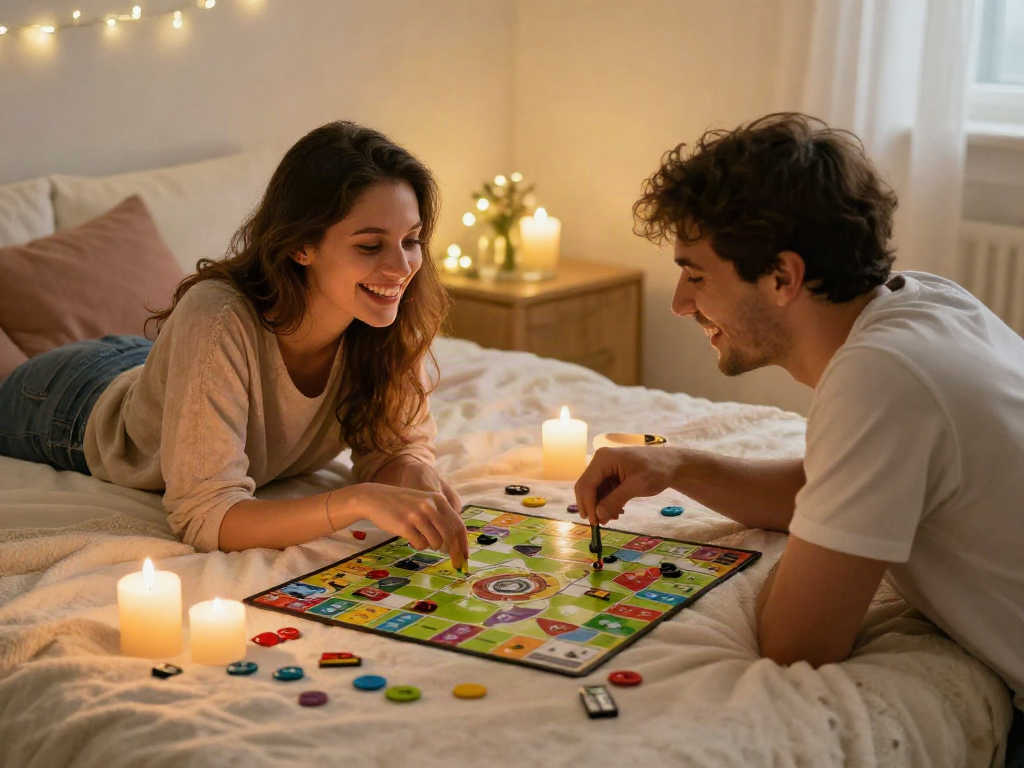 Couple enjoying a fun sex game night in cozy bedroom lighting.
