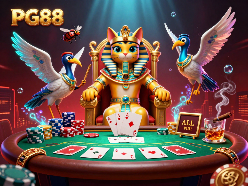 PG88 showcases an Egyptian-themed casino scene with a pharaoh cat, poker elements, and vibrant decorations.