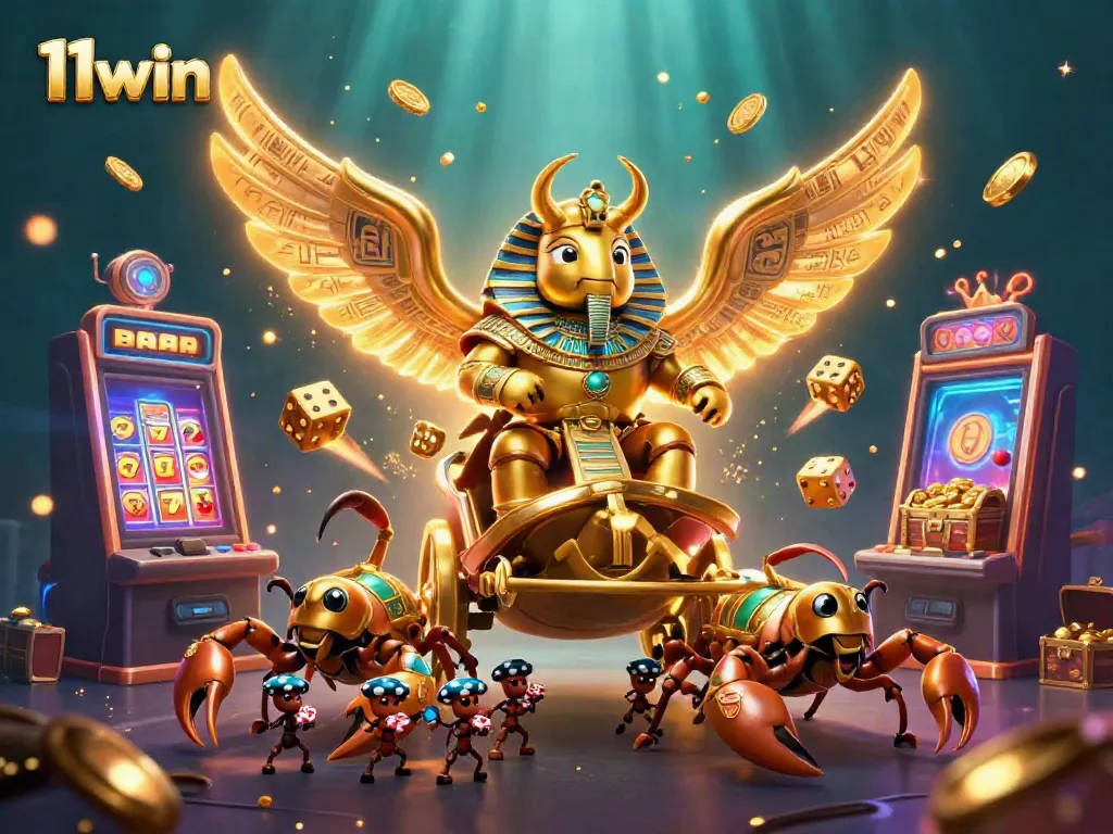 11win showcases epic casino adventure with golden beetle in pharaoh armor and jackpot visuals.