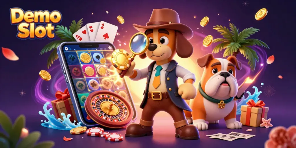 Spin the reels with Demo Slot as a canine detective uncovers treasure clues amidst casino elements.
