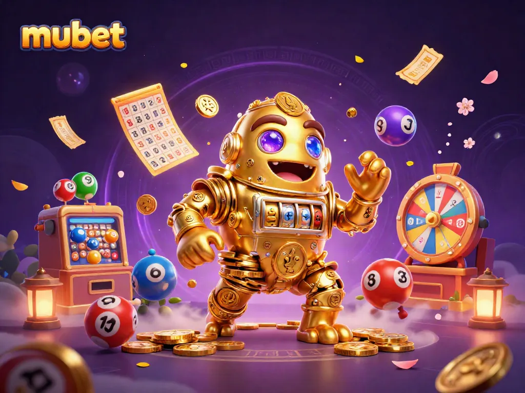 Mubet features a golden golem with slot symbols, surrounded by colorful lottery elements and rich casino atmosphere.