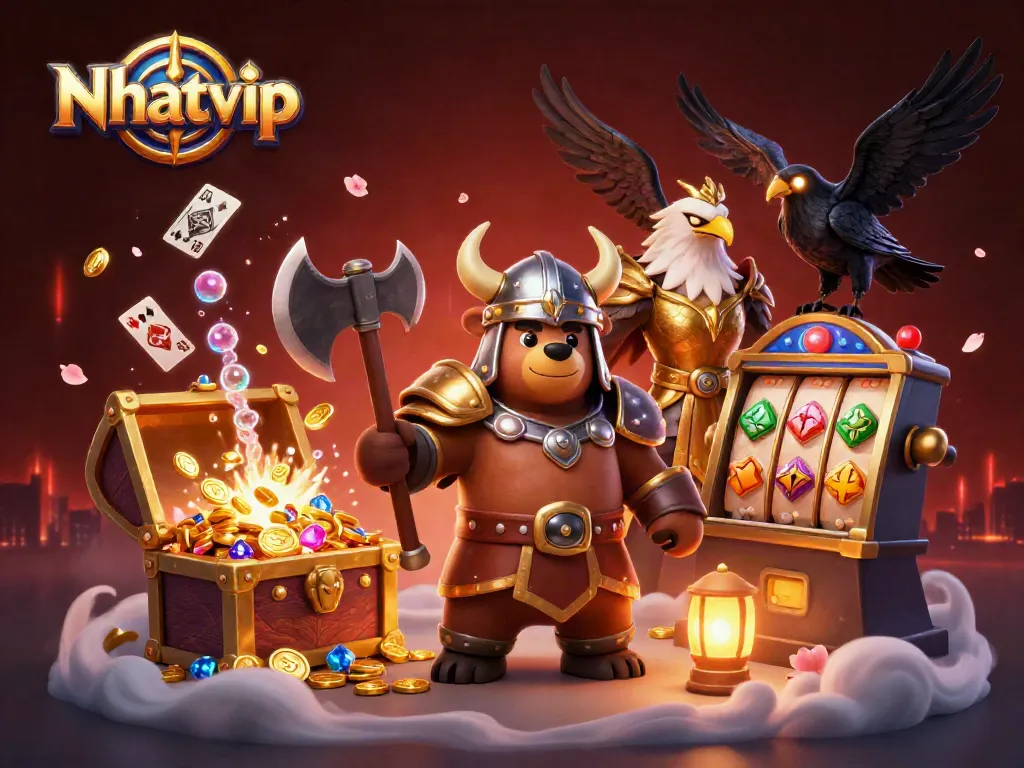 Nhatvip offers exhilarating slots experience with Viking and Valkyrie characters in a dynamic casino scene.