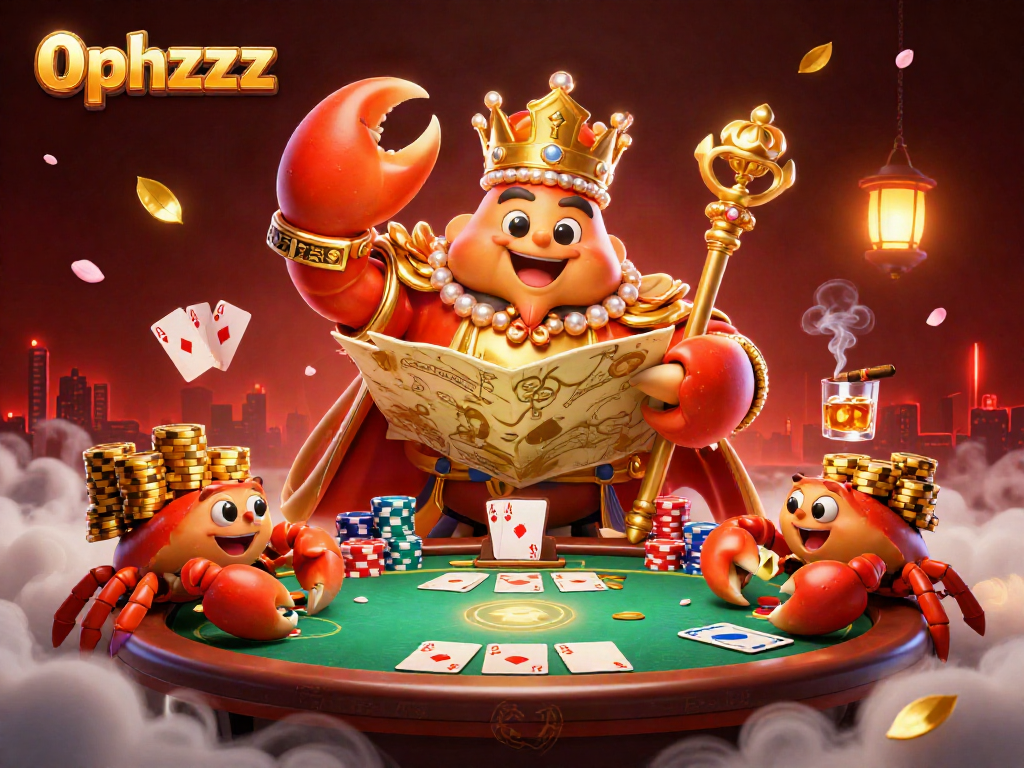 0phzzz showcases a golden crab emperor holding treasures in a vibrant casino-themed scene.