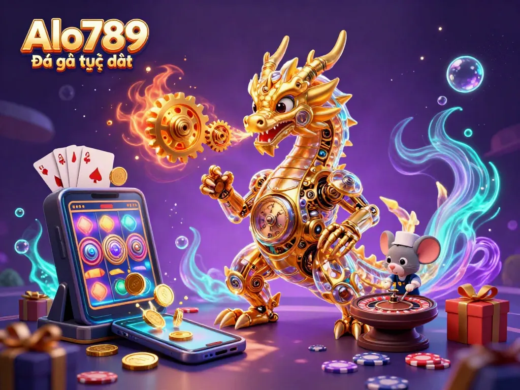 Alo789 Đá gà trực tiếp showcases a dynamic 3D scene with a golden dragon and a mouse engineer amid casino elements, illustrating thrilling online betting.