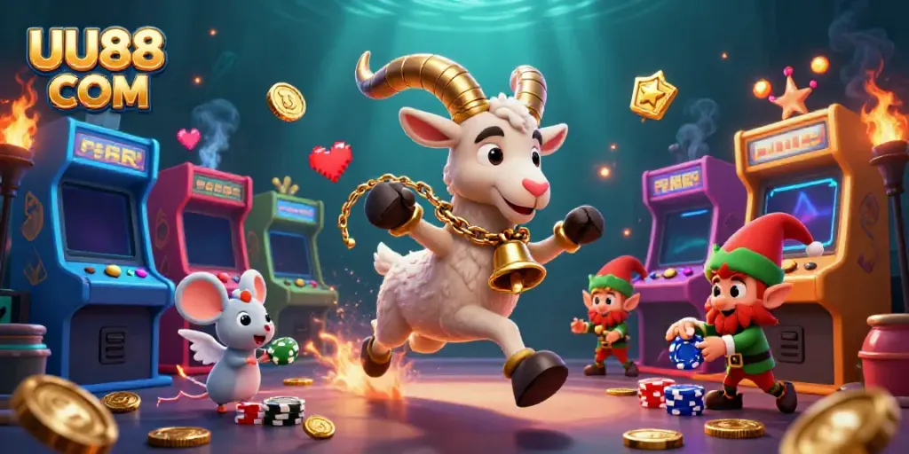 Experience the thrilling ambiance of UU88 COM with festive characters in an action-packed casino scene.