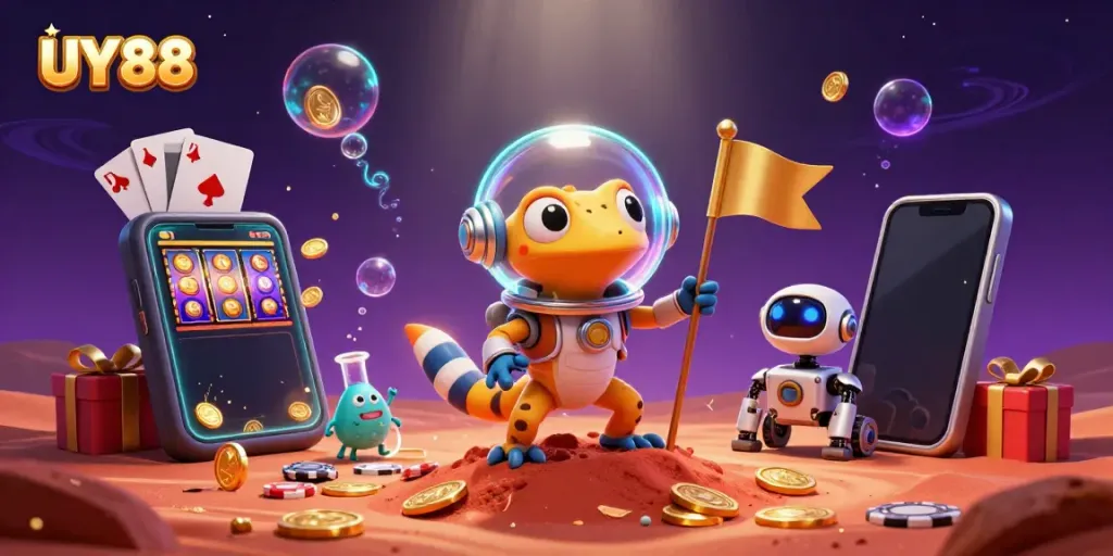 Enjoy thrilling fun with UY 88 as our Martian gecko explores a luxurious golden casino.