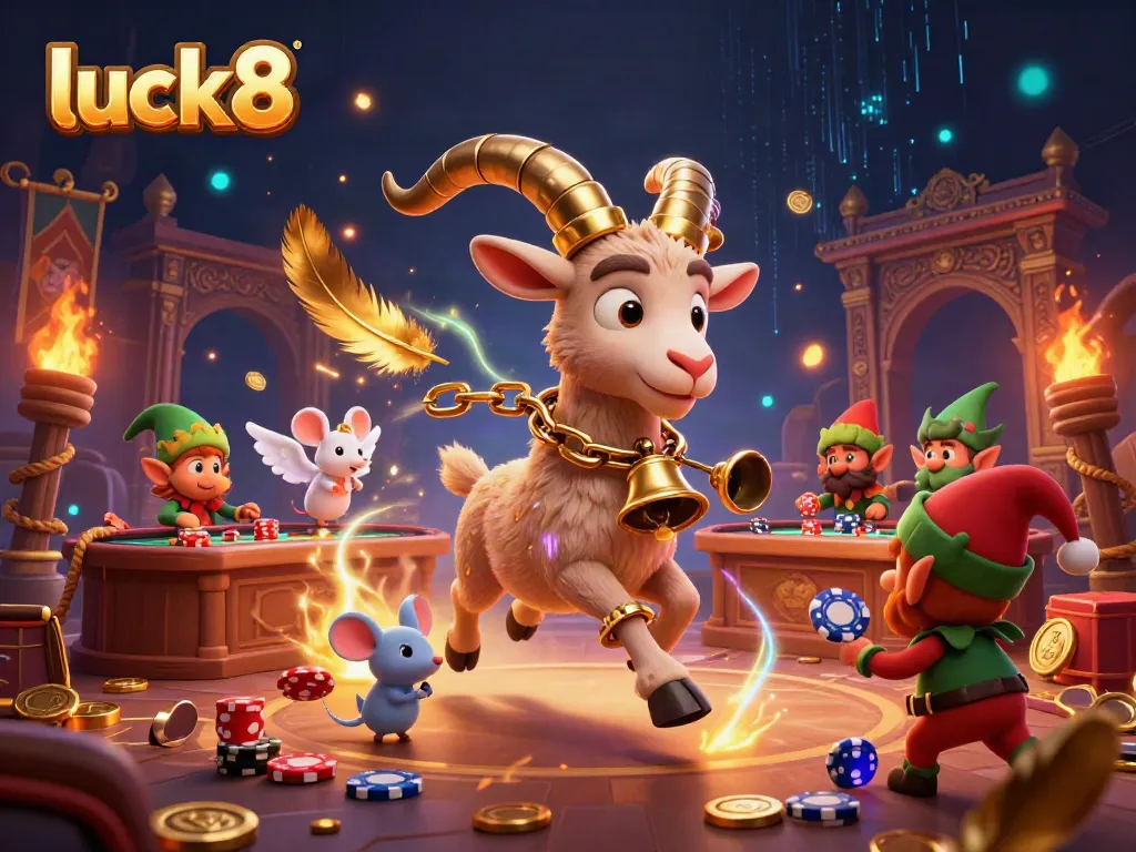Luck8 casino scene with a Krampus goat running the show, featuring vibrant gambling details and festive chaos.