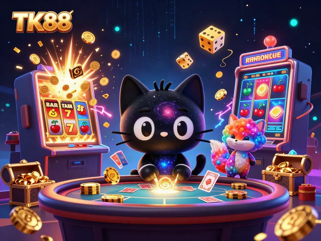 Engage in thrilling casino action with TK88's captivating digital illustration showcasing vibrant characters and dazzling gaming elements.