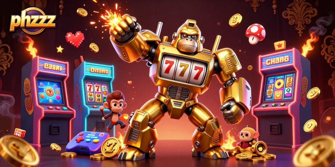 Play big wins with phzzz in a vibrant, action-packed 3D casino scene featuring a golden gorilla mech.