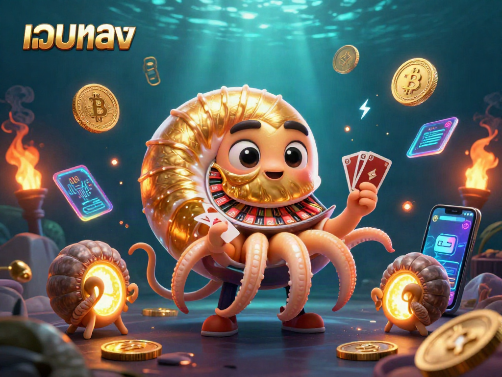 Engage with เว็บตรง through a vibrant 3D casino illustration, featuring a giant nautilus roulette wheel and crypto elements.