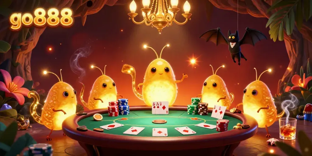 Engage with the lively atmosphere of go 888 at a vibrant cave casino, featuring glowworms and poker elements.