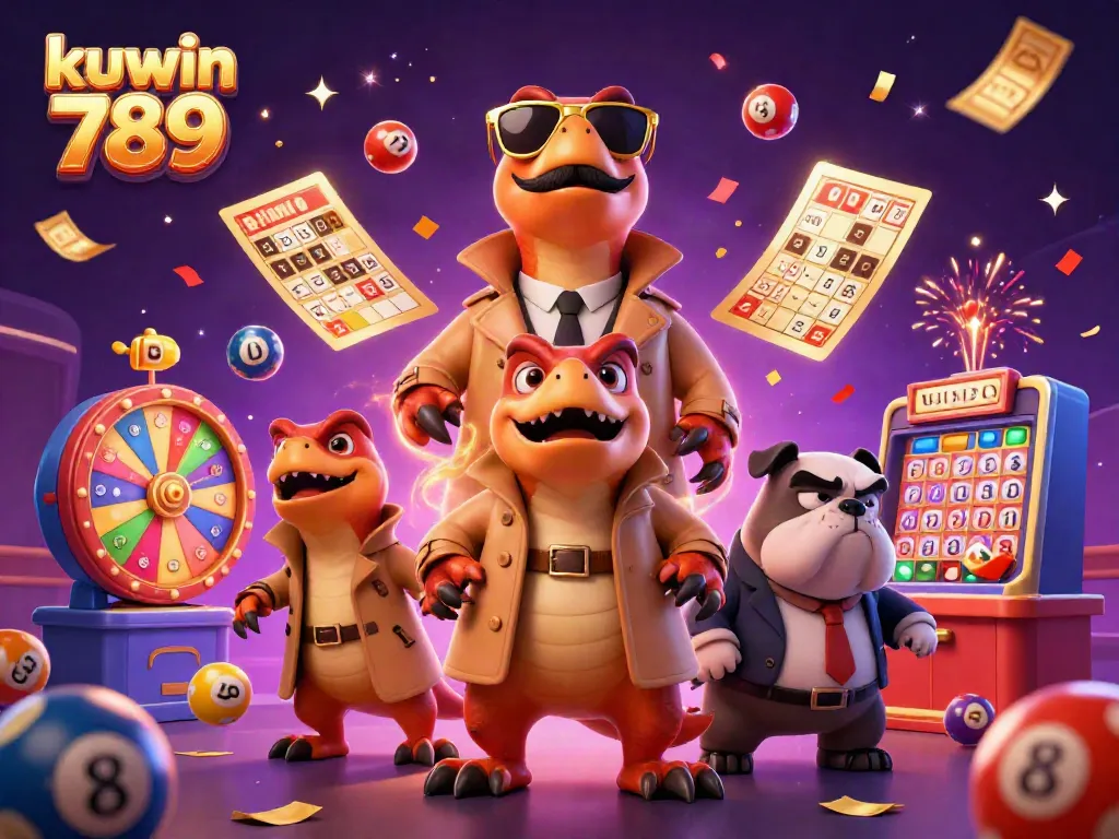 Experience the thrill of kuwin 789 with dynamic casino elements and playful cartoon characters.