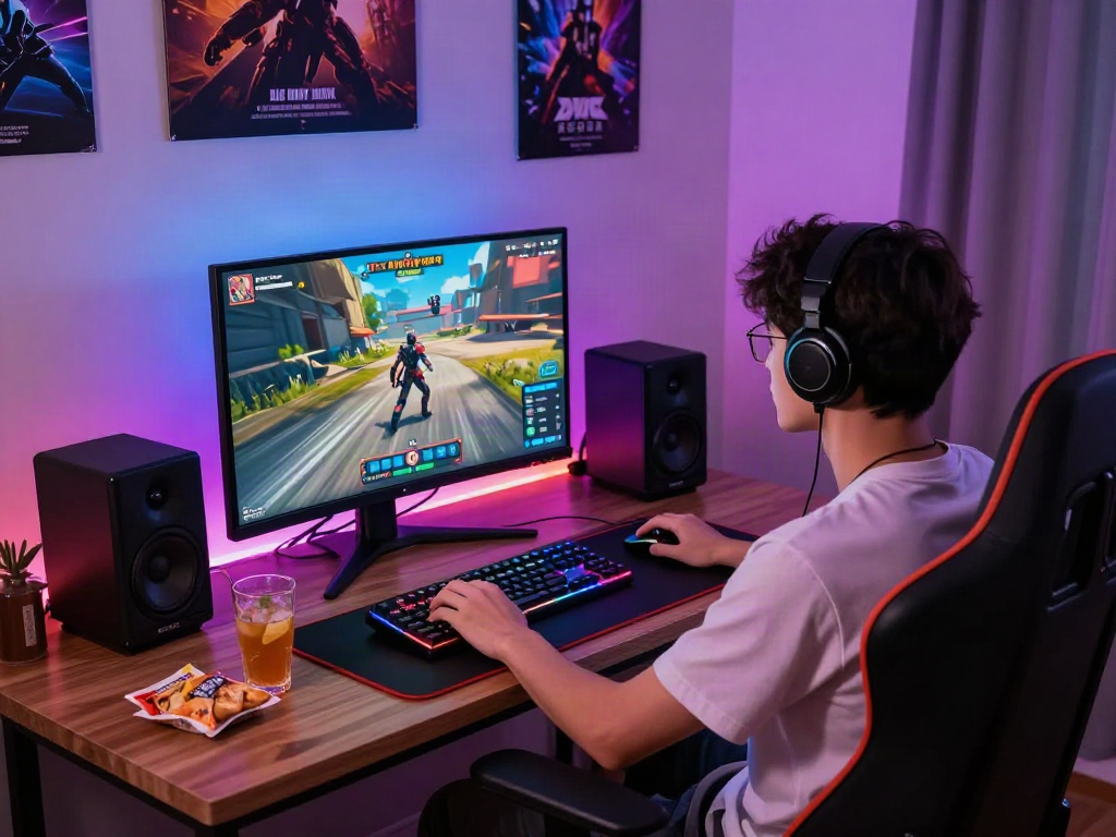 Focused gamer playing a porn game with RGB lighting and gaming setup.
