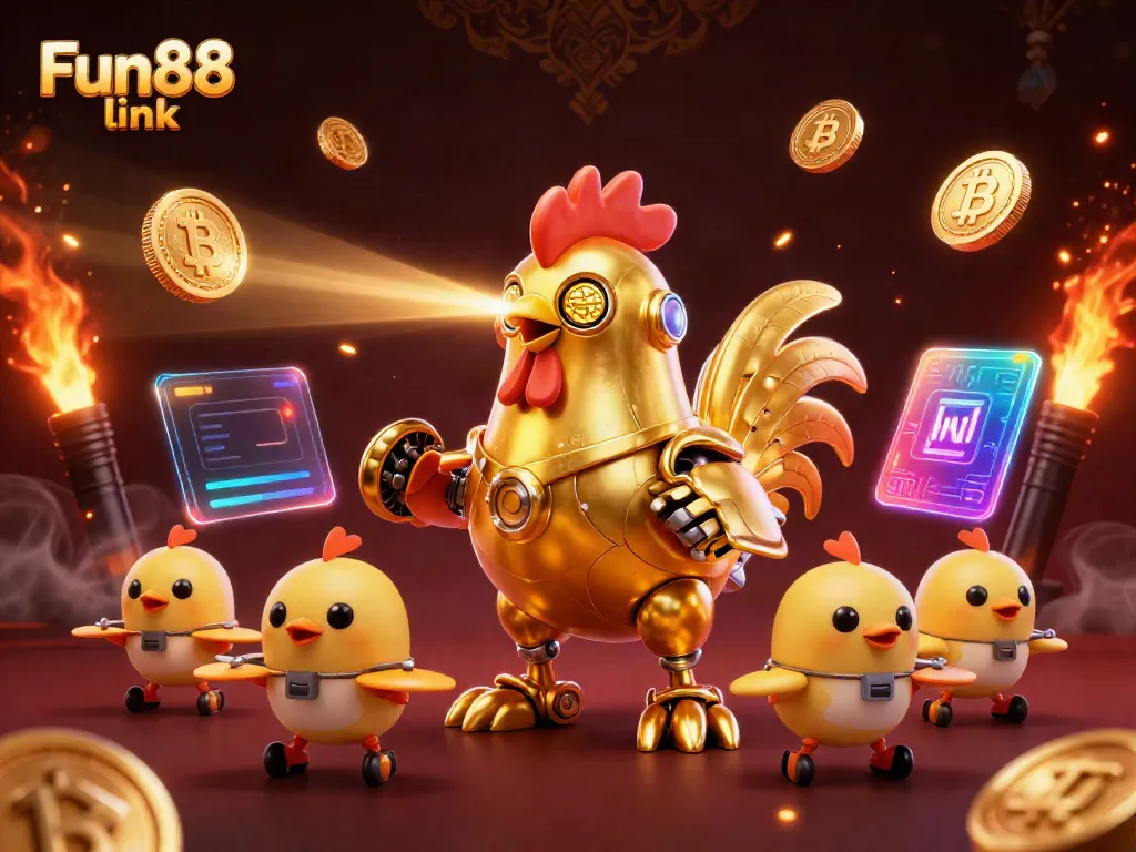 Illuminate your bets with the Fun88 link, showcasing a playful golden rooster robot amid thrilling gaming elements.