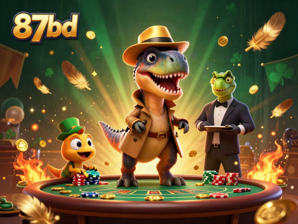 87bd showcases a velociraptor at a blackjack table with dynamic casino elements.