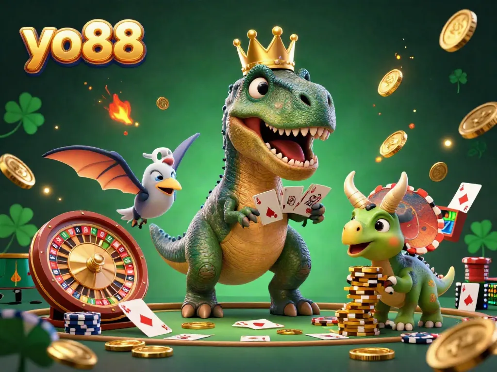 Join the excitement at yo88 as a friendly T-Rex plays cards with a pterodactyl, surrounded by dynamic casino elements.