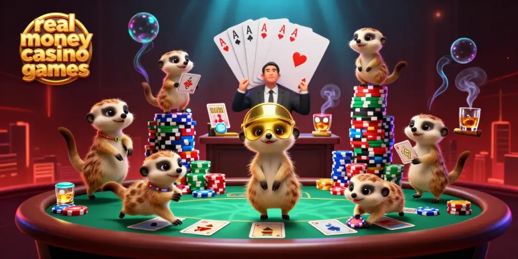 Experience thrilling real money casino games with adorable meerkats in a vibrant casino scene.