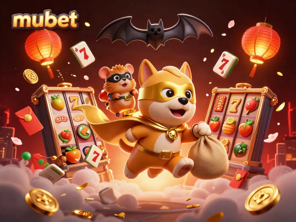Mubet casino illustration featuring a superhero dog and hamster in a vibrant jackpot-themed scene.
