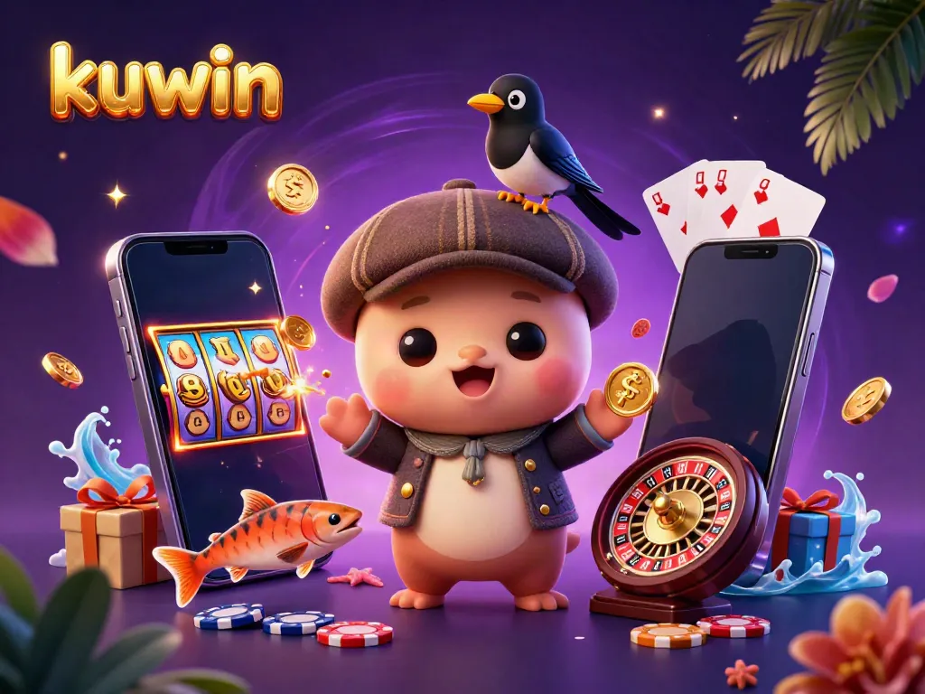 kuwin's engaging illustration features dynamic characters winning on a colorful slots game, inviting excitement.