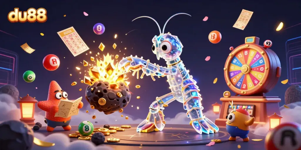 Experience du88's exciting gambling world with a galactic shrimp hero breaking through an asteroid of gold coins.