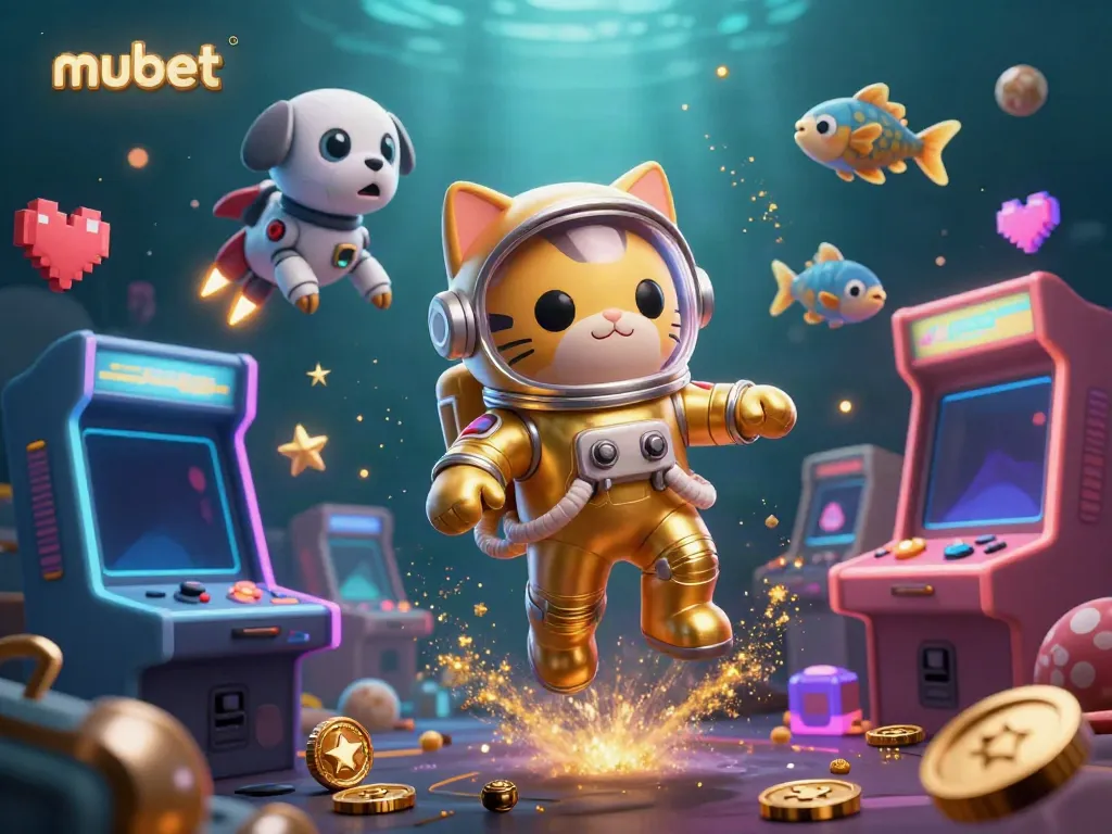 Mubet’s vibrant 3D illustration showcases an astronaut cat and robot dog in a cosmic casino adventure.