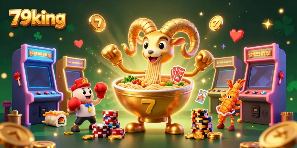 Engage with exciting games at 79king, featuring a vibrant scene of unique characters and dynamic casino elements.