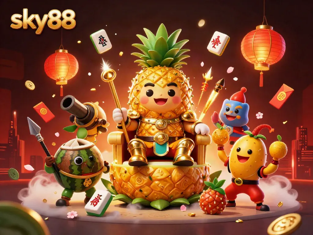 Engage with the exciting atmosphere of sky88, featuring a golden pineapple king and vibrant casino elements.