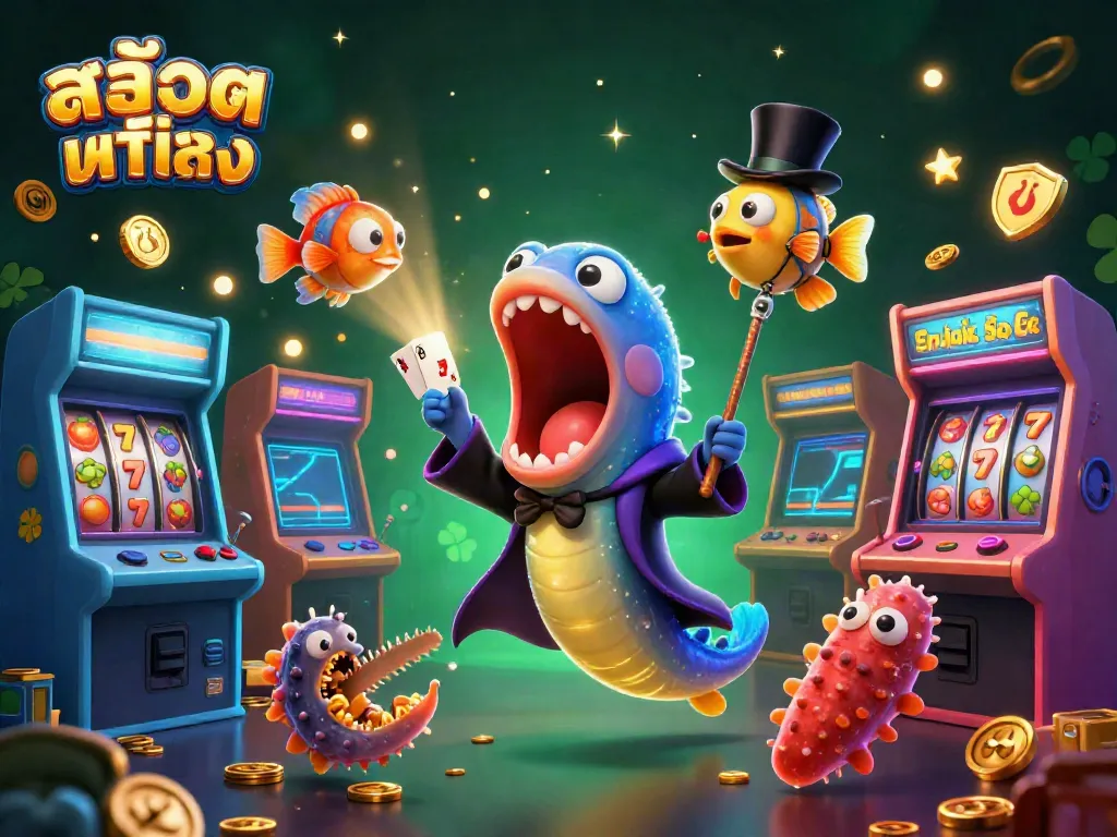 Engage with สล็อตแท้ตรง as a 3D cartoon eel performs magic tricks in a vibrant casino background.