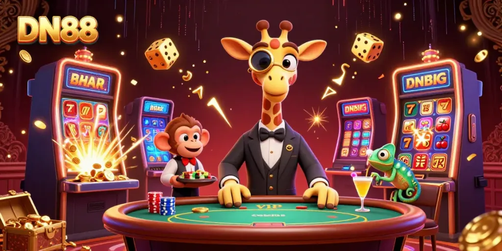 Experience excitement at DN88 with a high-roller giraffe at a luxurious poker table, surrounded by casino games and vibrant energy.