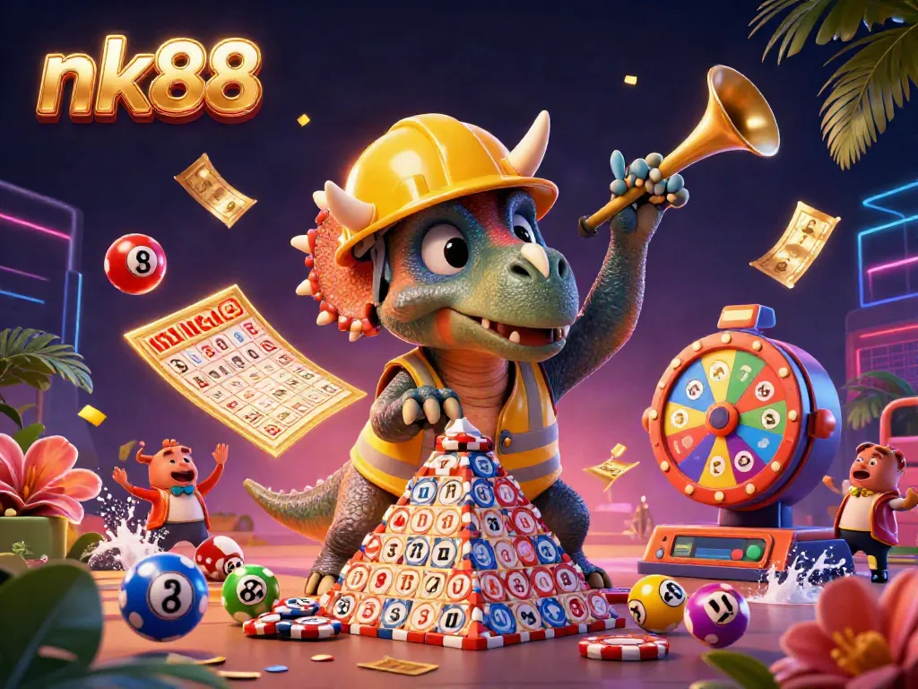 Experience the excitement of nk88 with a triceratops celebrating on a pyramid of poker chips.