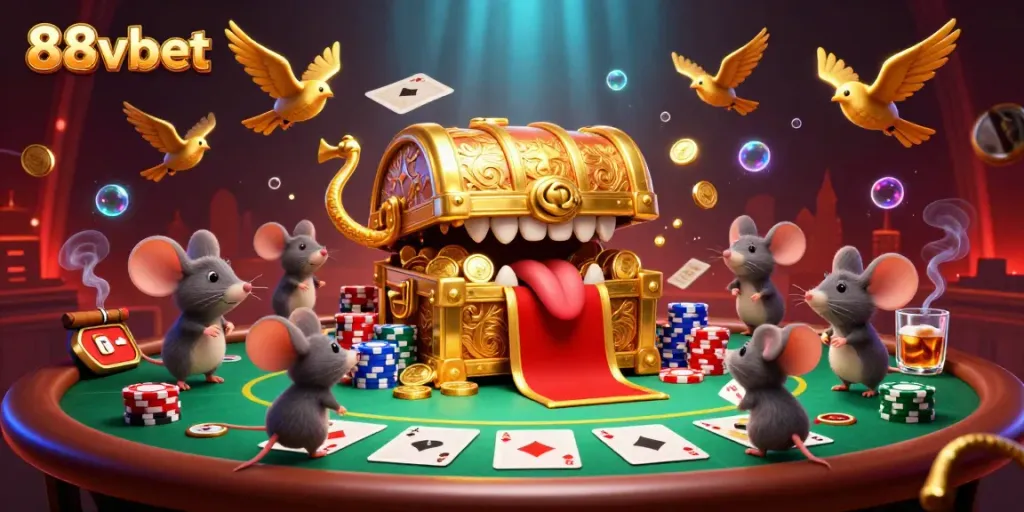 Engage in thrilling gameplay on 88vbet with a dazzling scene of treasure hunters and poker excitement.