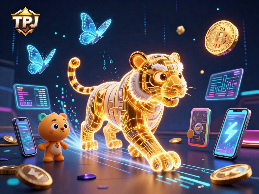 TPJ features a vibrant digital casino scene with a golden tiger, holographic butterflies, and glowing cryptocurrency elements.