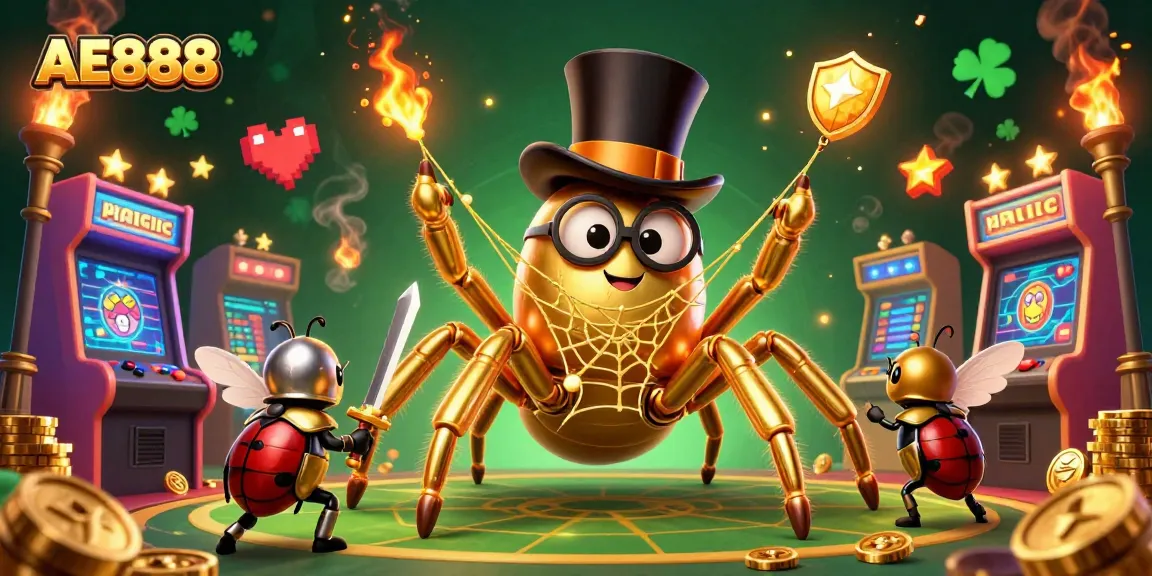 A thrilling scene depicting AE888's gaming universe with a golden tarantula, knight beetle, and arcade machines showcasing a vibrant casino atmosphere.
