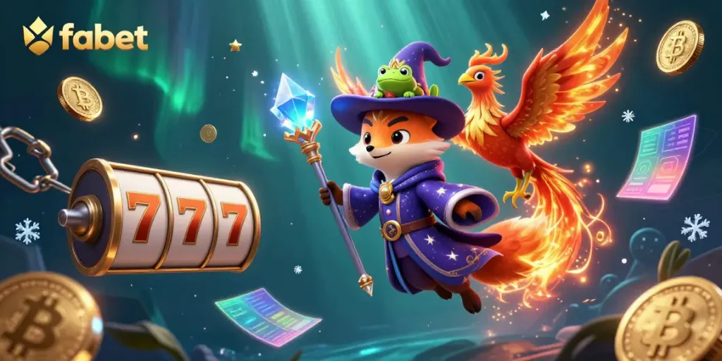 Experience high-stakes gaming with fabet, featuring vibrant slot reels and mystical characters in a captivating 3D scene.