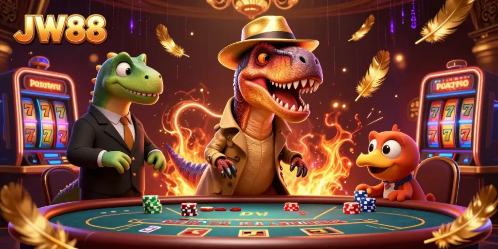 Experience the thrill at JW88 with a velociraptor at a blackjack table, while a pit boss watches suspiciously.