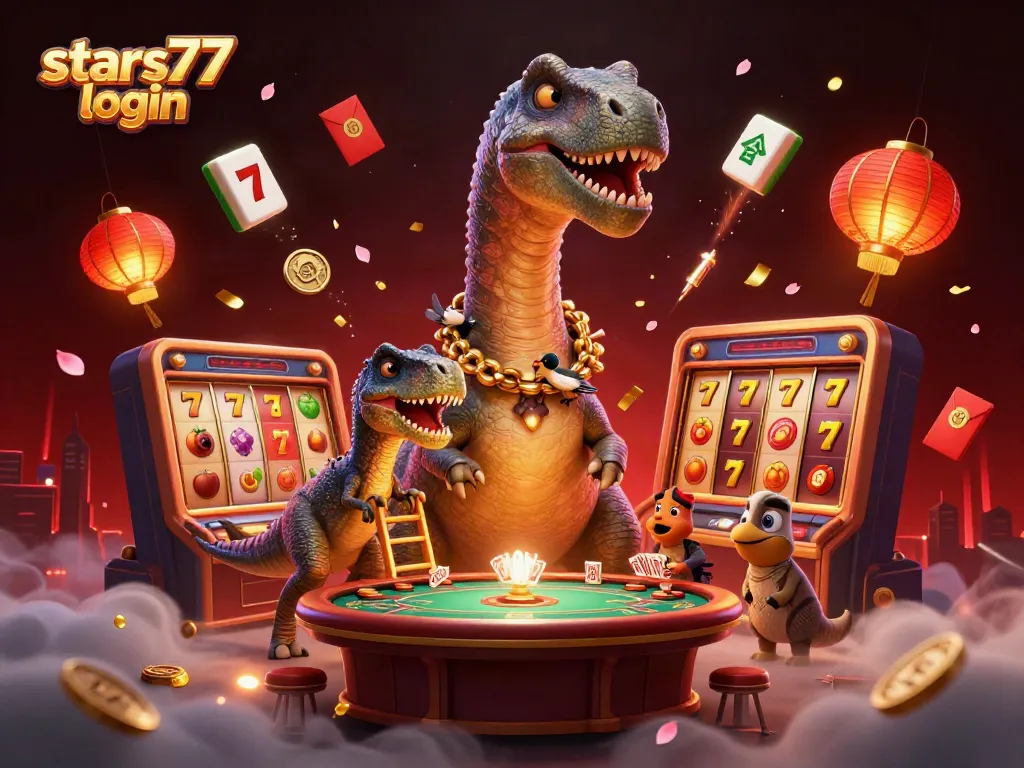 Rasakan sensasi slots dengan stars77 login, brontosaurus raksasa mengawasi meja poker yang ceria.