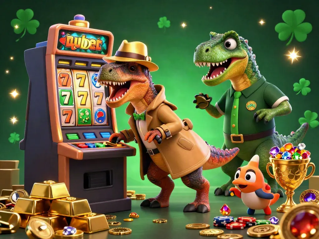 Watch the velociraptor card counter at mubet winning at the slot machine amidst treasures and excitement.