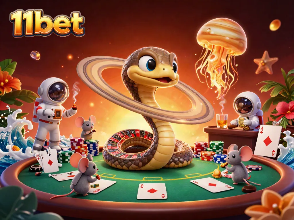 Experience the thrilling action at 11bet with astronaut mice betting on a Saturn roulette wheel in a vibrant cosmic casino.