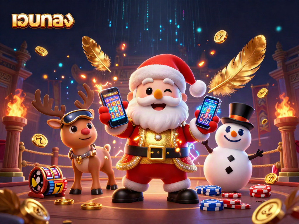 Play jackpot slots with เว็บตรง illustrated by Santa, a reindeer dealer, and a poker chip snowman.