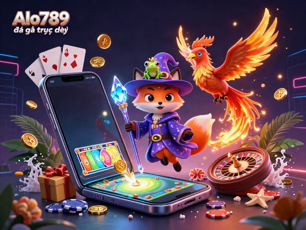 Alo789 Đá gà trực tiếp showcases a vibrant, engaging cockfighting betting scene featuring a wizard fox, phoenix, and interactive gaming elements.