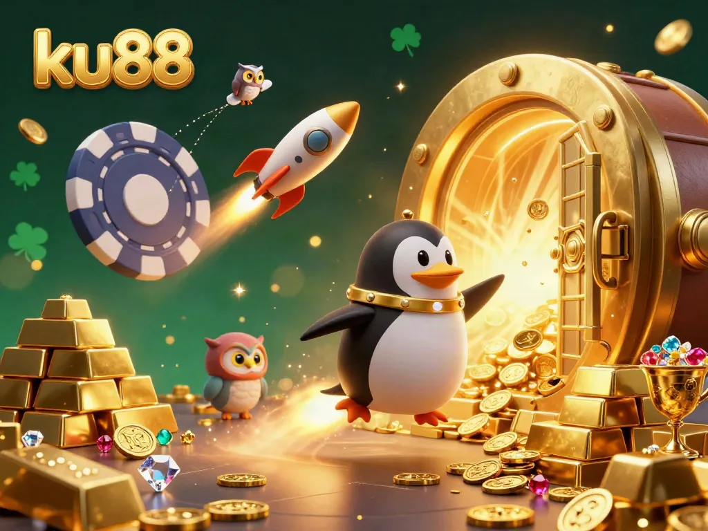 Experience thrilling winnings at ku88 with a dynamic, captivating casino illustration featuring a golden penguin.