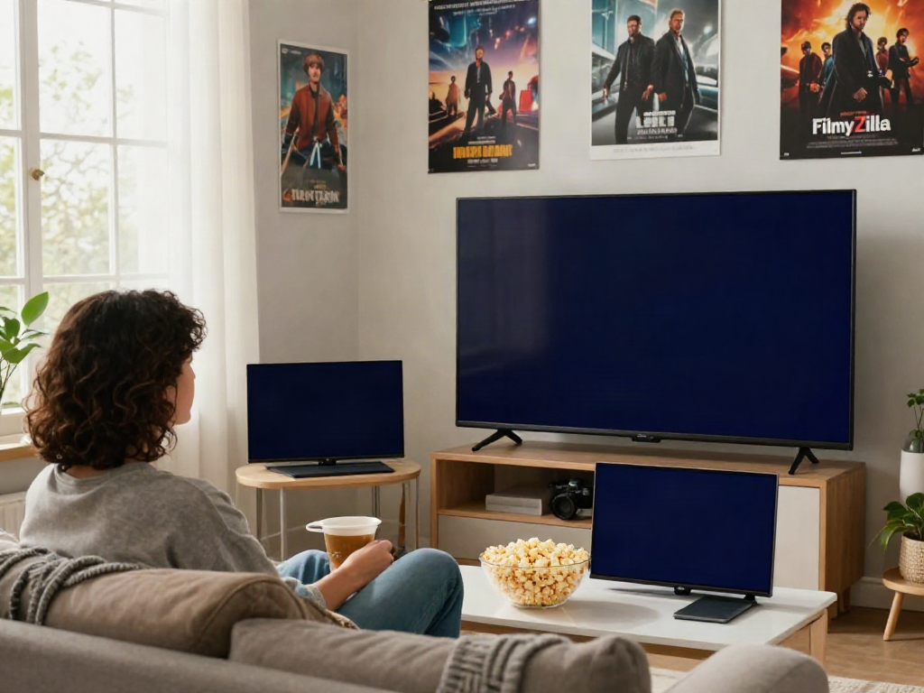 Enjoying movies with FilmyZilla in a cozy living room setup.