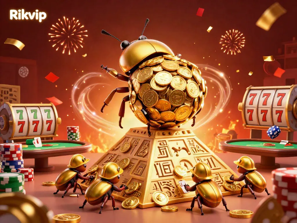 Engage in vibrant Rikvip gameplay with golden beetles in a dynamic casino setting.