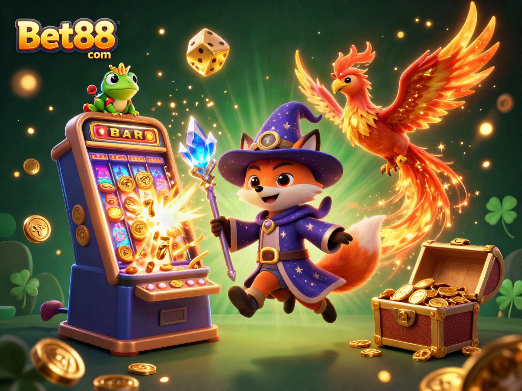 Experience gaming excitement with Bet88 com's enchanting illustration of a wizard fox, phoenix, and vibrant slot machine action!