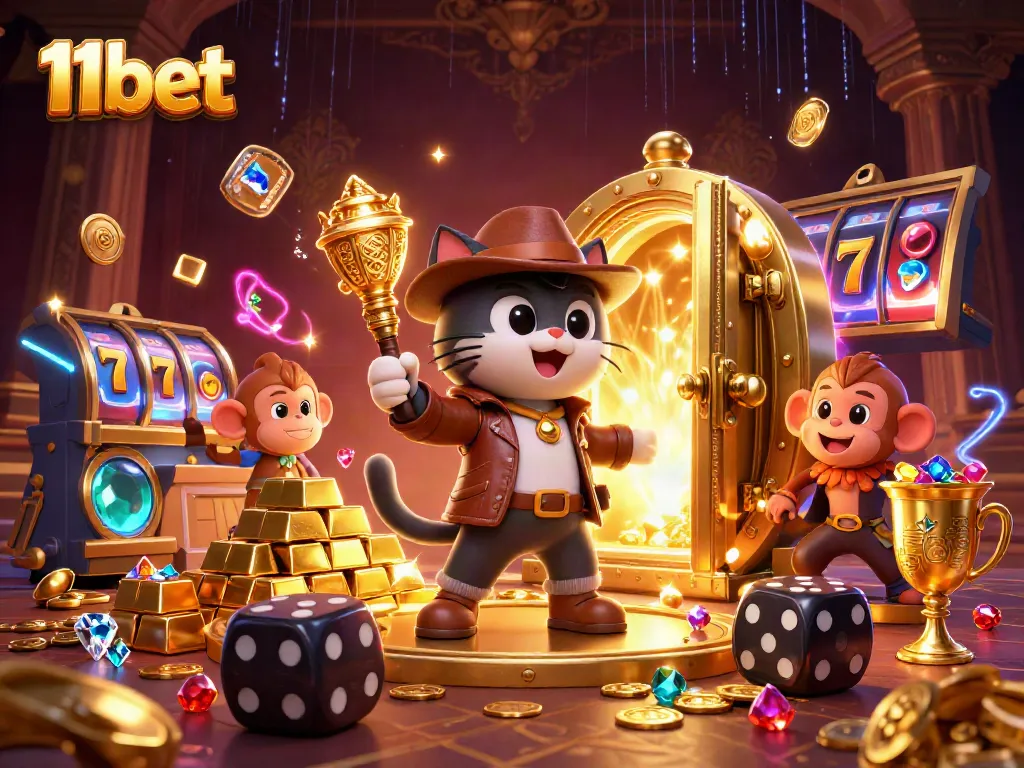 Experience exciting adventures at 11bet with a treasure-filled casino scene showcasing the thrill of gaming.